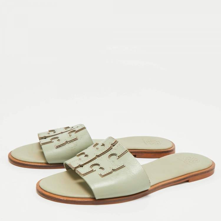 Pre Owned Tory Burch Mint Green Leather Ines Flat Slides Size 39