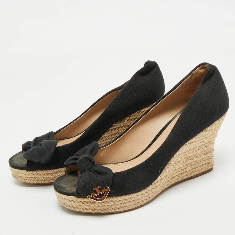 Pre Owned Tory Burch Black Fabric Bow Peep-Toe Espadrille Wedge Pumps Size Size 37.5