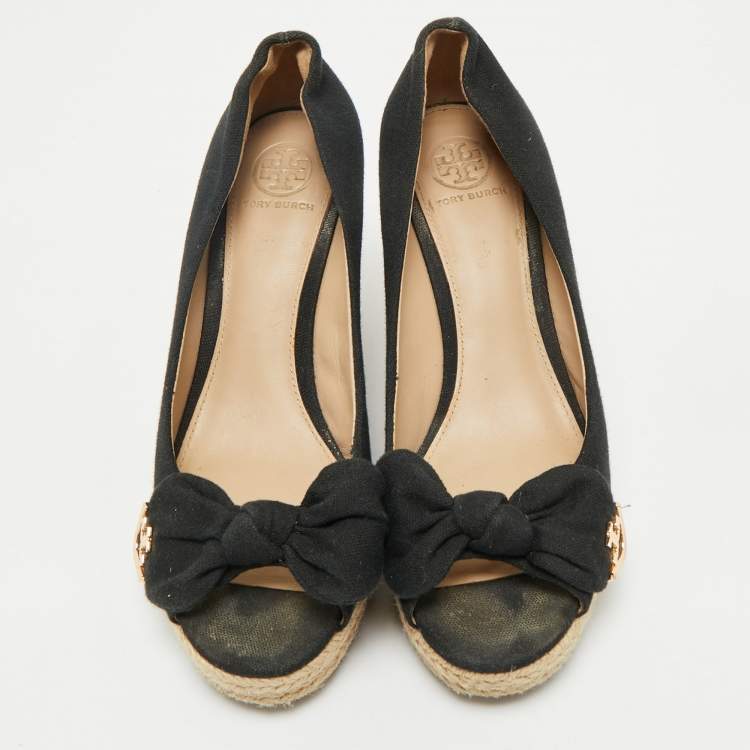 Pre Owned Tory Burch Black Fabric Bow Peep-Toe Espadrille Wedge Pumps Size Size 37.5