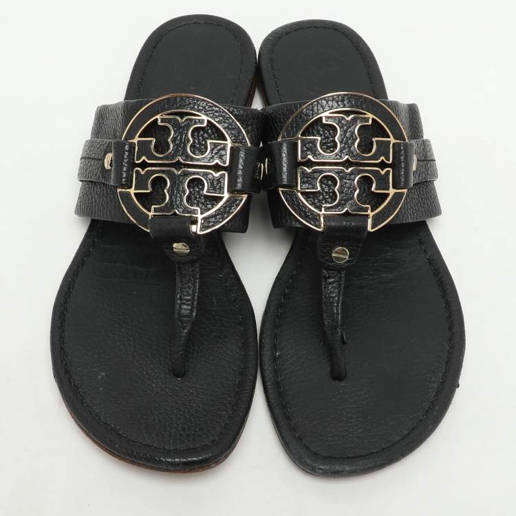 Pre Owned Tory Burch Black Leather Amanda Thong Flat Sandals Size 38