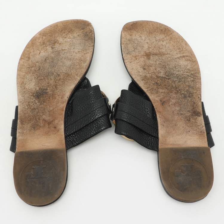 Pre Owned Tory Burch Black Leather Amanda Thong Flat Sandals Size 38
