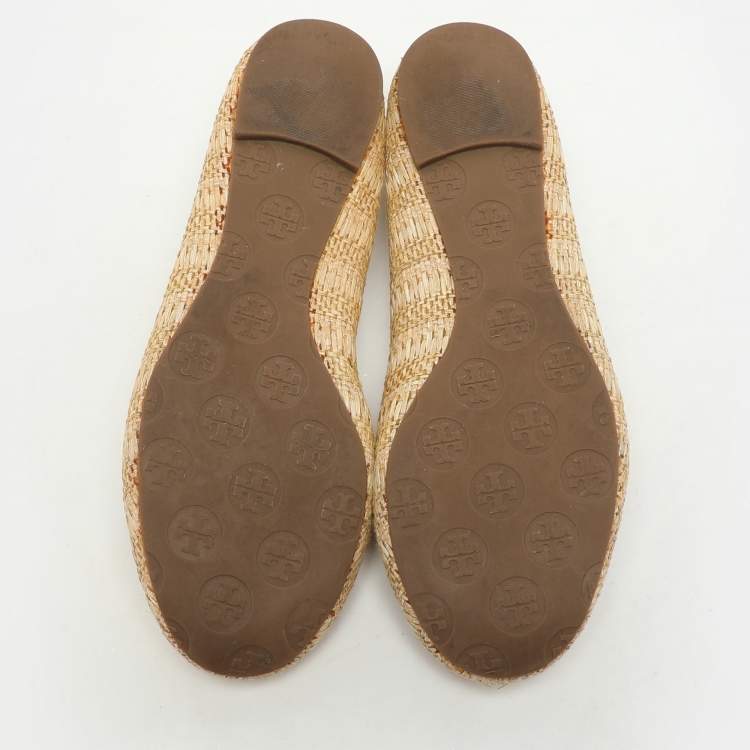 Pre Owned Tory Burch Beige/Cream Raffia and Leather Reva Ballet Flats Size 38