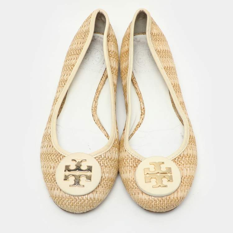 Pre Owned Tory Burch Beige/Cream Raffia and Leather Reva Ballet Flats Size 38