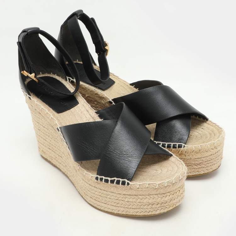 Pre Owned Tory Burch Black Leather Cross Strap Wedge Espadrille Sandals Size 38