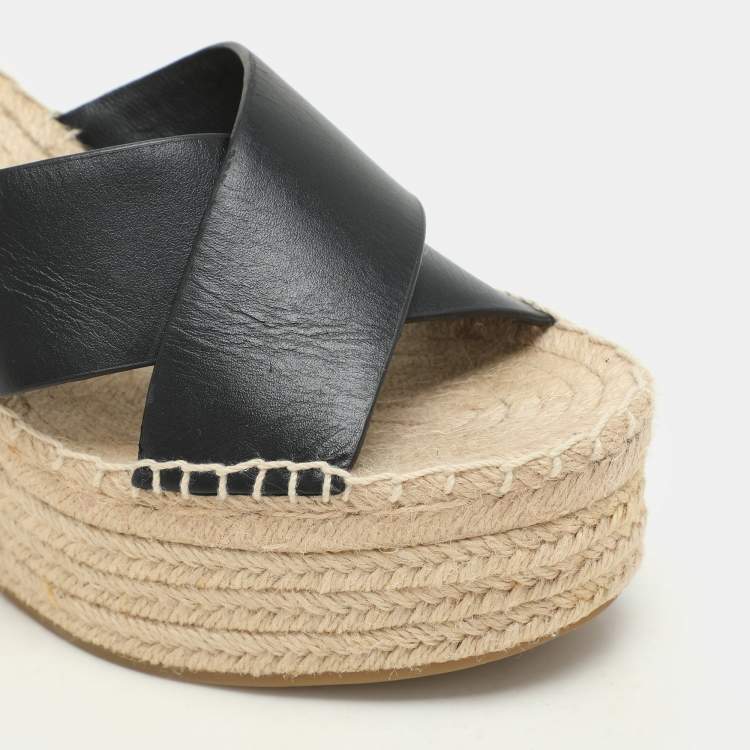 Pre Owned Tory Burch Black Leather Cross Strap Wedge Espadrille Sandals Size 38