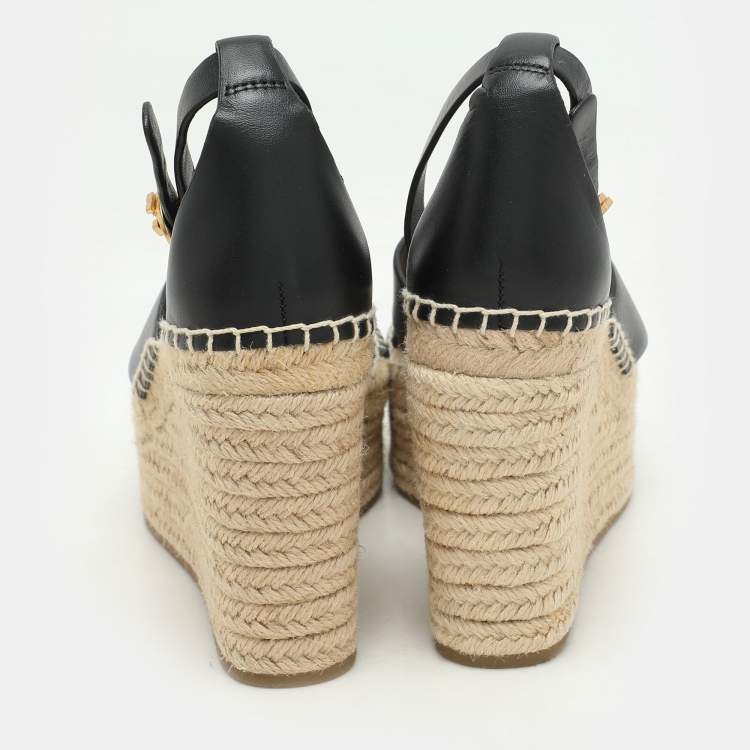 Pre Owned Tory Burch Black Leather Cross Strap Wedge Espadrille Sandals Size 38