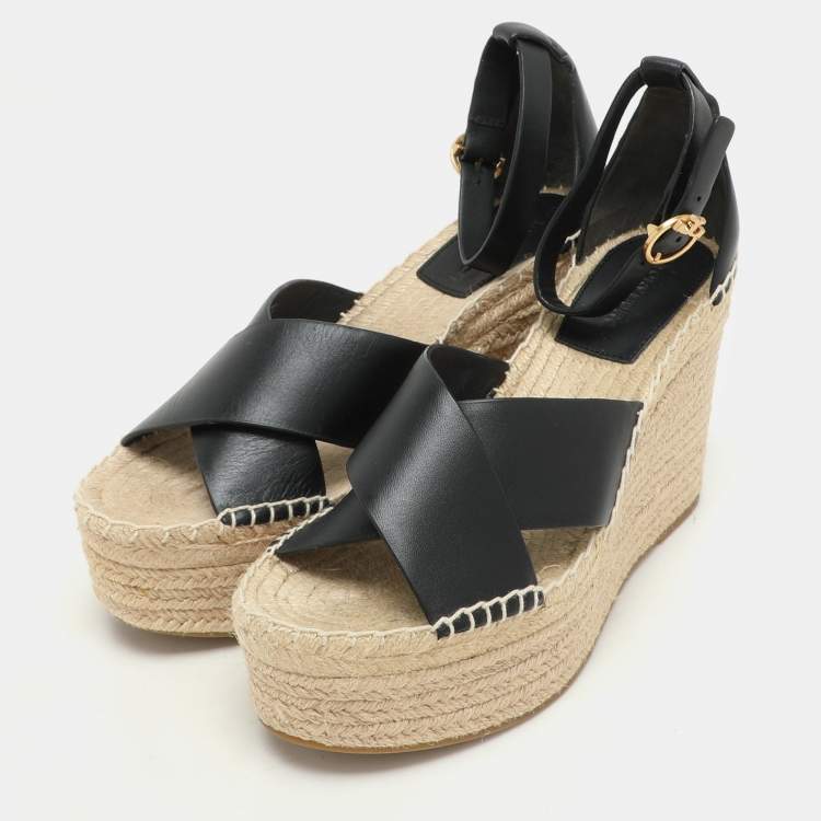 Pre Owned Tory Burch Black Leather Cross Strap Wedge Espadrille Sandals Size 38