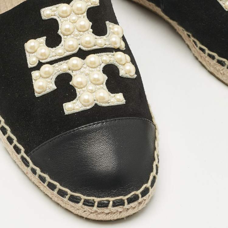 Pre Owned Tory Burch Black Leather and Suede Slip On Espadrille Flats Size 37