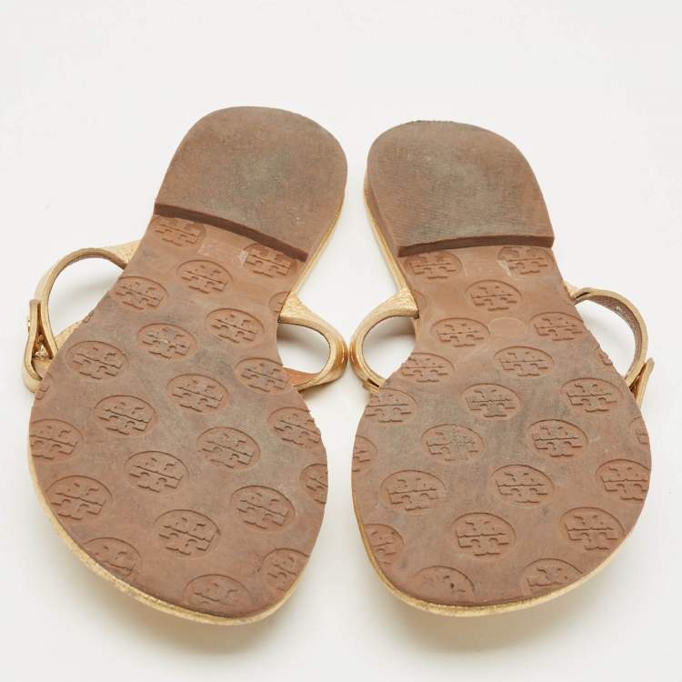 Pre Owned Tory Burch Metallic Gold Leather Miller Flat Thong Sandals Size 37