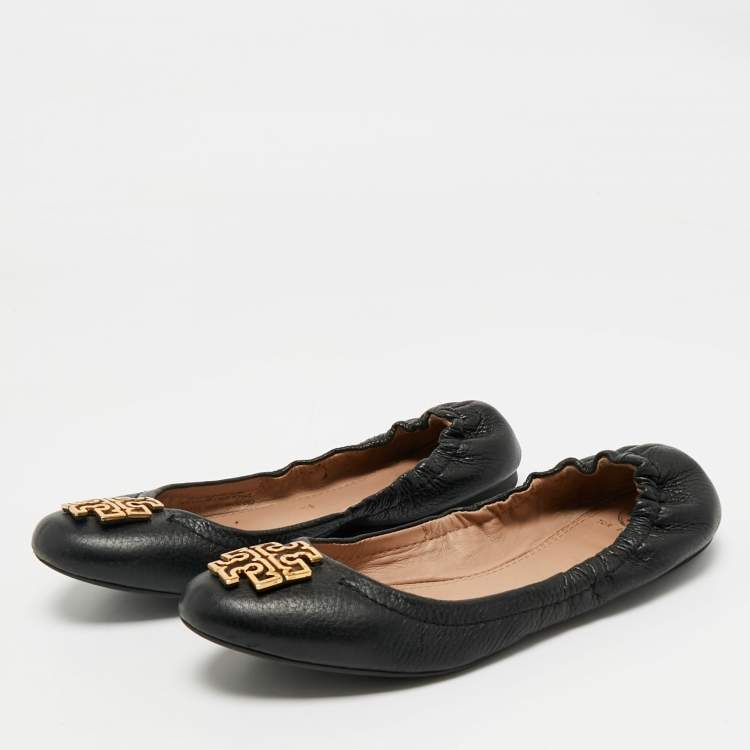 Pre Owned Tory Burch Black Leather Melinda Scrunch Ballet Flats Size 36