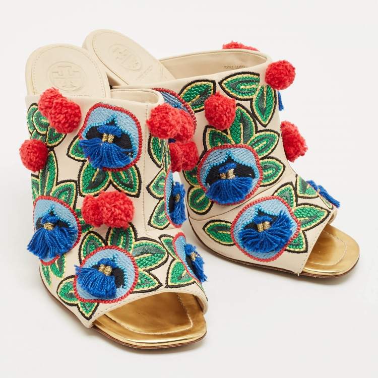 Pre Owned Tory Burch Multicolor Leather and Embroidered Fabric Pom Pom Open Toe Mules Size 38
