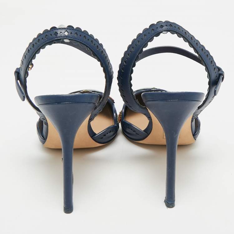 Pre Owned Tory Burch Navy Blue Leather Floral Scalloped Marguerite Ankle Strap Sandals Size 38