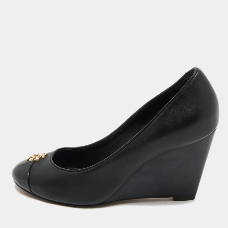 Pre Owned Tory Burch Black Leather Amanda  Wedge Pumps Size 35.5