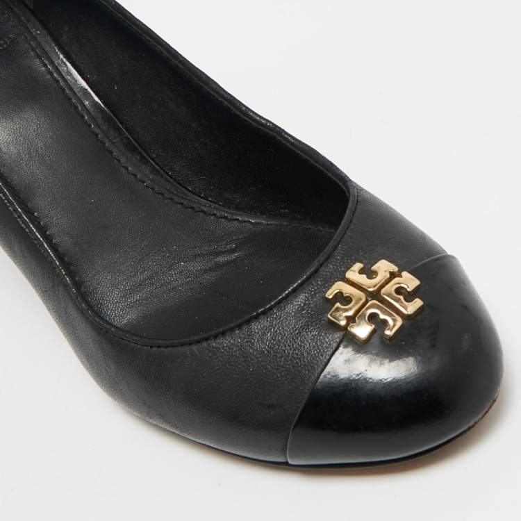 Pre Owned Tory Burch Black Leather Amanda  Wedge Pumps Size 35.5
