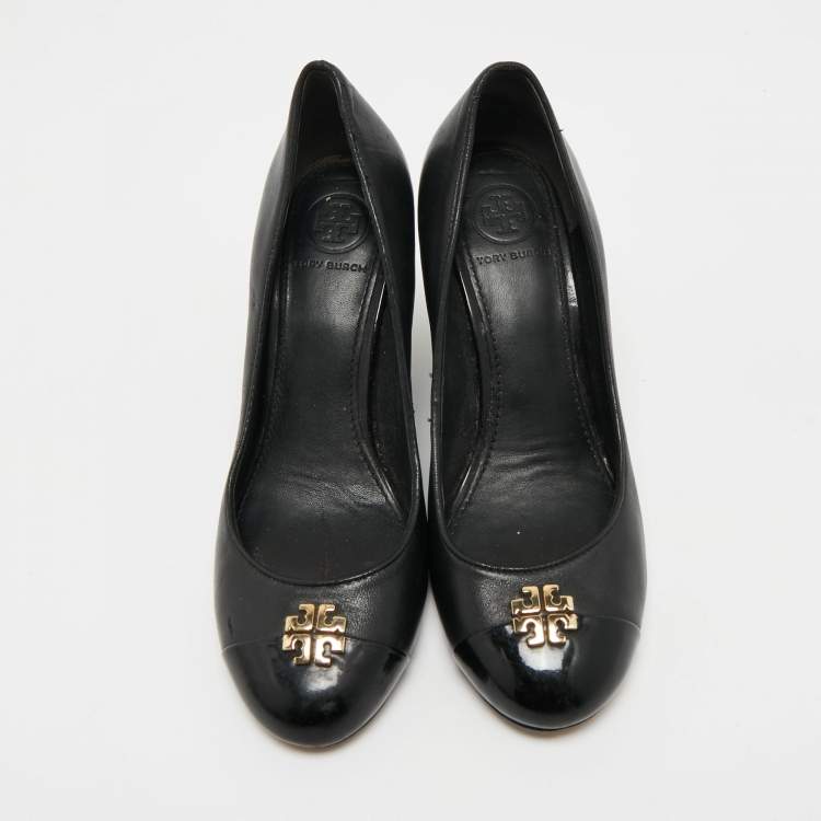 Pre Owned Tory Burch Black Leather Amanda  Wedge Pumps Size 35.5
