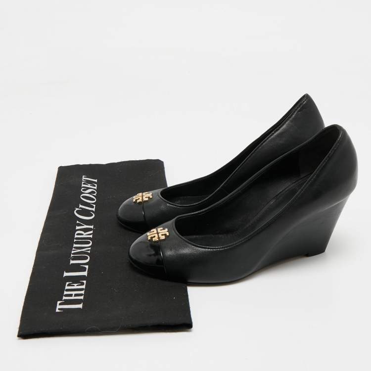Pre Owned Tory Burch Black Leather Amanda  Wedge Pumps Size 35.5