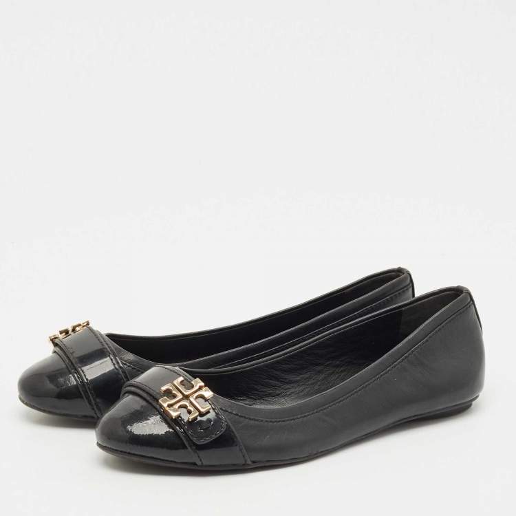 Pre Owned Tory Burch Black Leather Minnie Ballet Flats Size 37.5