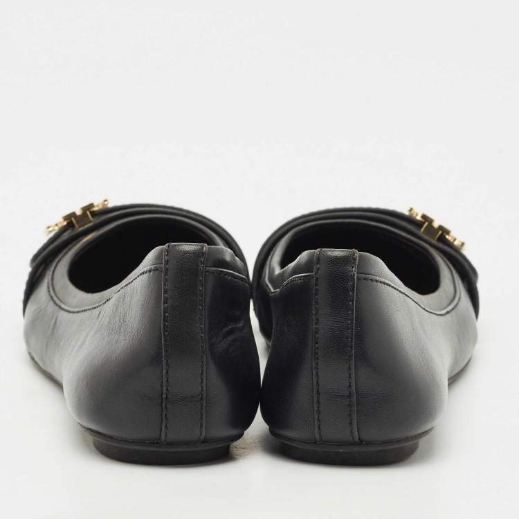 Pre Owned Tory Burch Black Leather Minnie Ballet Flats Size 37.5