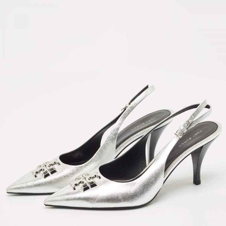 Pre Owned Tory Burch Metallic Silver Leather Eleanor Pointed Toe Slingback Pumps Size 39