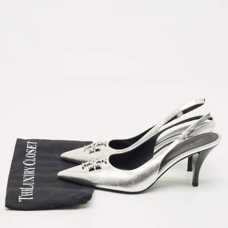 Pre Owned Tory Burch Metallic Silver Leather Eleanor Pointed Toe Slingback Pumps Size 39