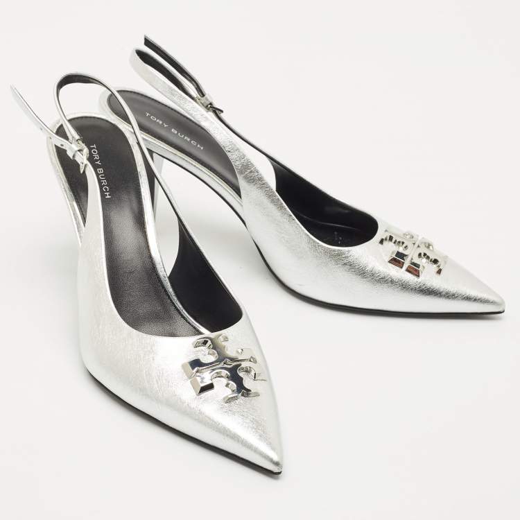 Pre Owned Tory Burch Metallic Silver Leather Eleanor Pointed Toe Slingback Pumps Size 39