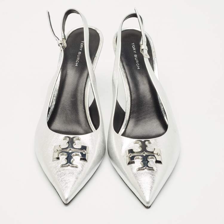 Pre Owned Tory Burch Metallic Silver Leather Eleanor Pointed Toe Slingback Pumps Size 39