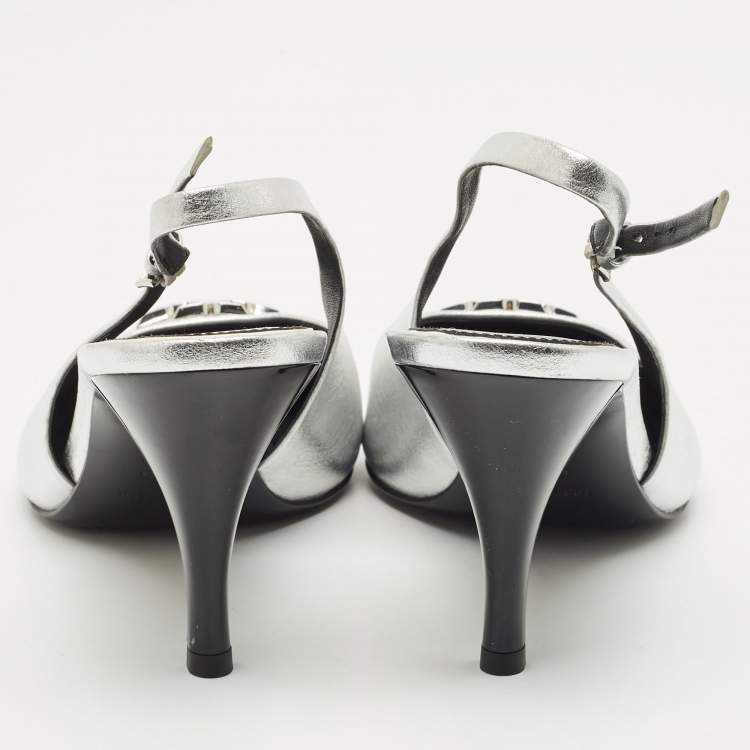 Pre Owned Tory Burch Metallic Silver Leather Eleanor Pointed Toe Slingback Pumps Size 39