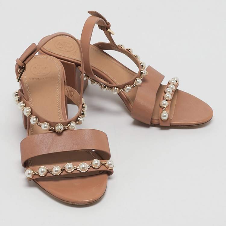 Pre Owned Tory Burch Brown Leather Emmy Pearl Ankle Strap Sandals Size 37