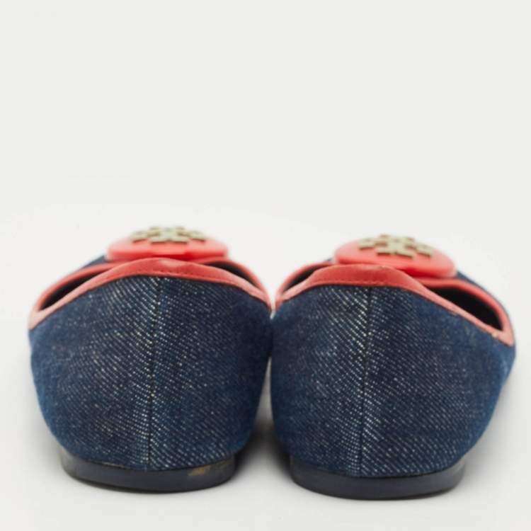 Pre Owned Tory Burch Blue/Red Denim and Leather Reva Ballet Flats Size 38.5