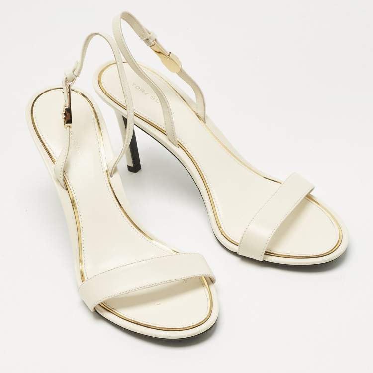Pre Owned Tory Burch Cream Leather Ankle Strap Sandals Size 38.5