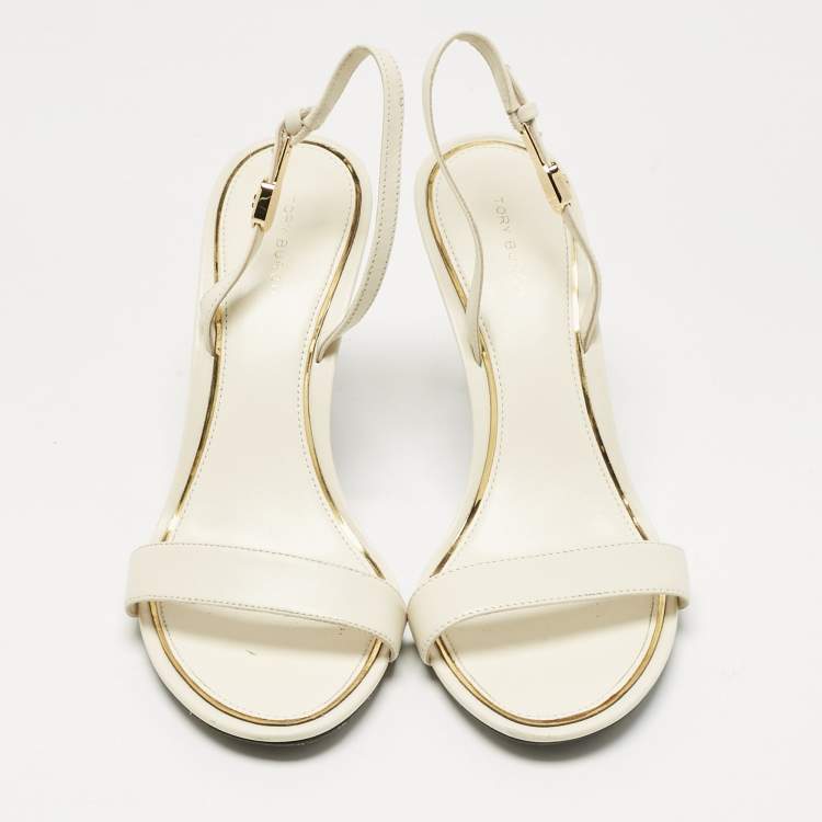 Pre Owned Tory Burch Cream Leather Ankle Strap Sandals Size 38.5