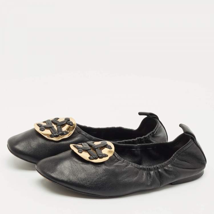Pre Owned Tory Burch Black Leather Melinda Scrunch Ballet Flats Size 38.5