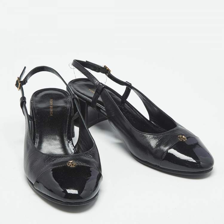 Pre Owned Tory Burch Black Leather Benton Block Heel Slingback Pumps Size 38