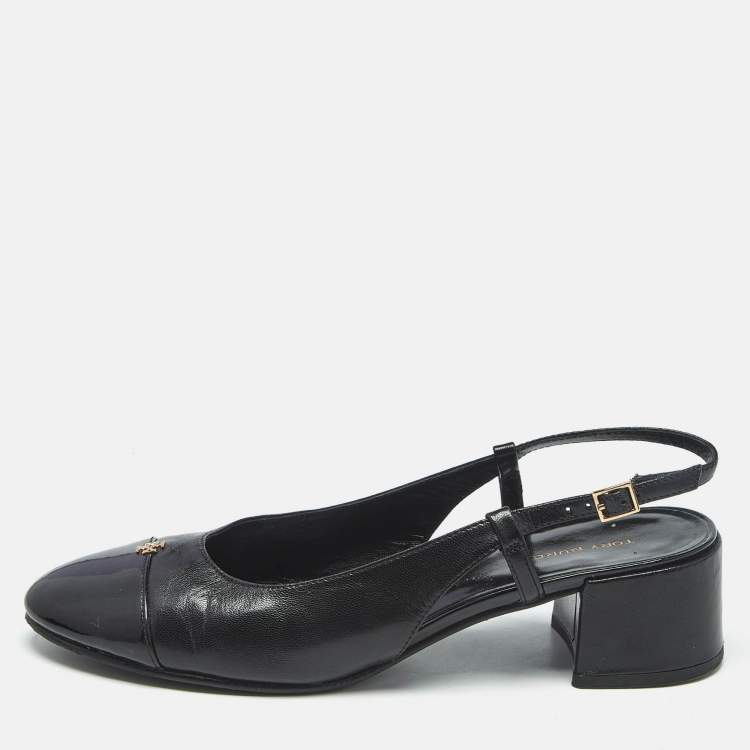 Pre Owned Tory Burch Black Leather Benton Block Heel Slingback Pumps Size 38