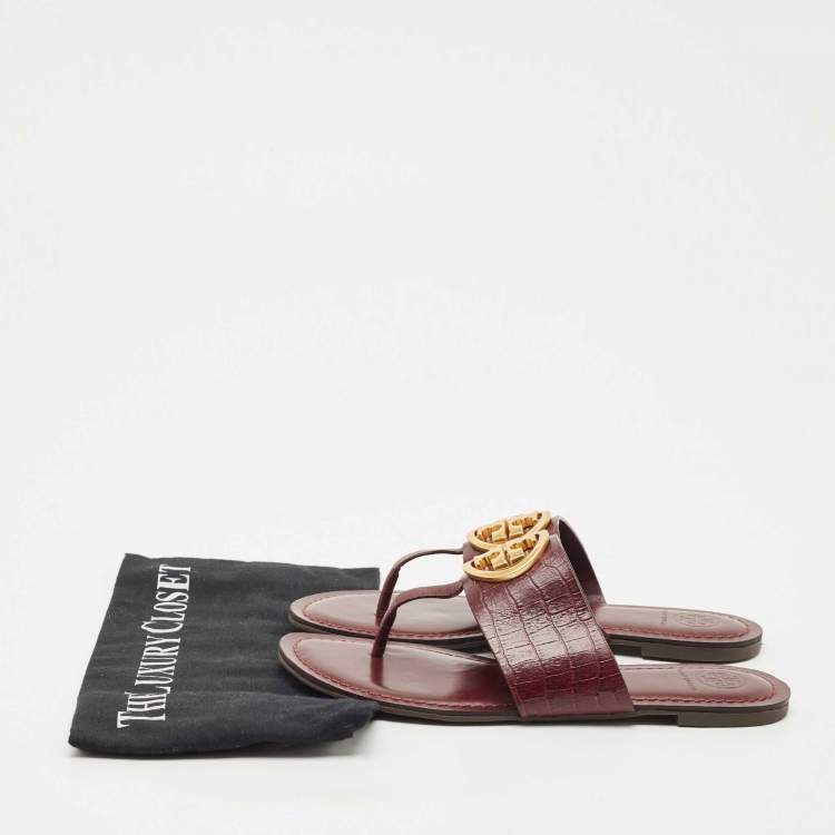 Pre Owned Tory Burch Burgundy Croc Embossed Leather Amanda Thong Sandals Size 37.5