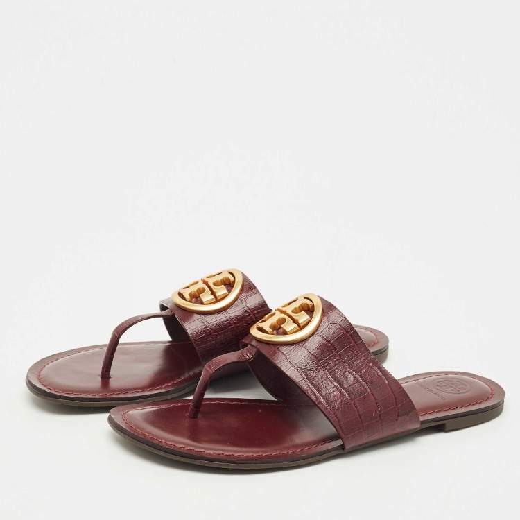 Pre Owned Tory Burch Burgundy Croc Embossed Leather Amanda Thong Sandals Size 37.5