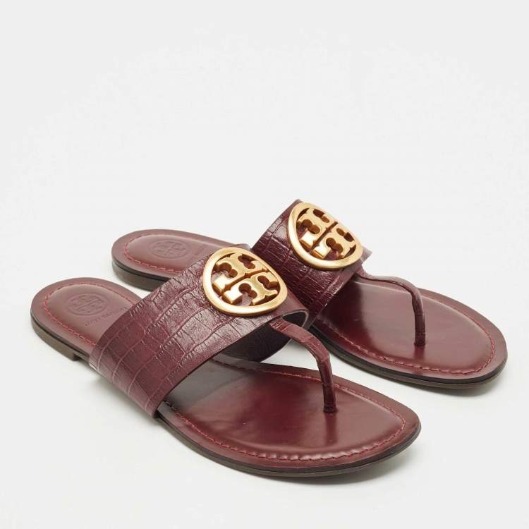 Pre Owned Tory Burch Burgundy Croc Embossed Leather Amanda Thong Sandals Size 37.5