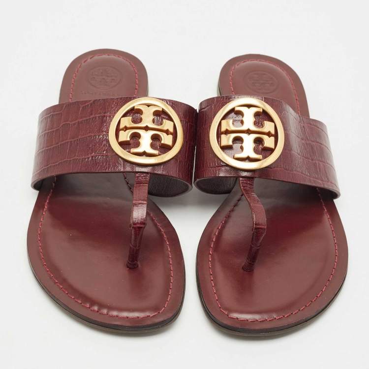 Pre Owned Tory Burch Burgundy Croc Embossed Leather Amanda Thong Sandals Size 37.5