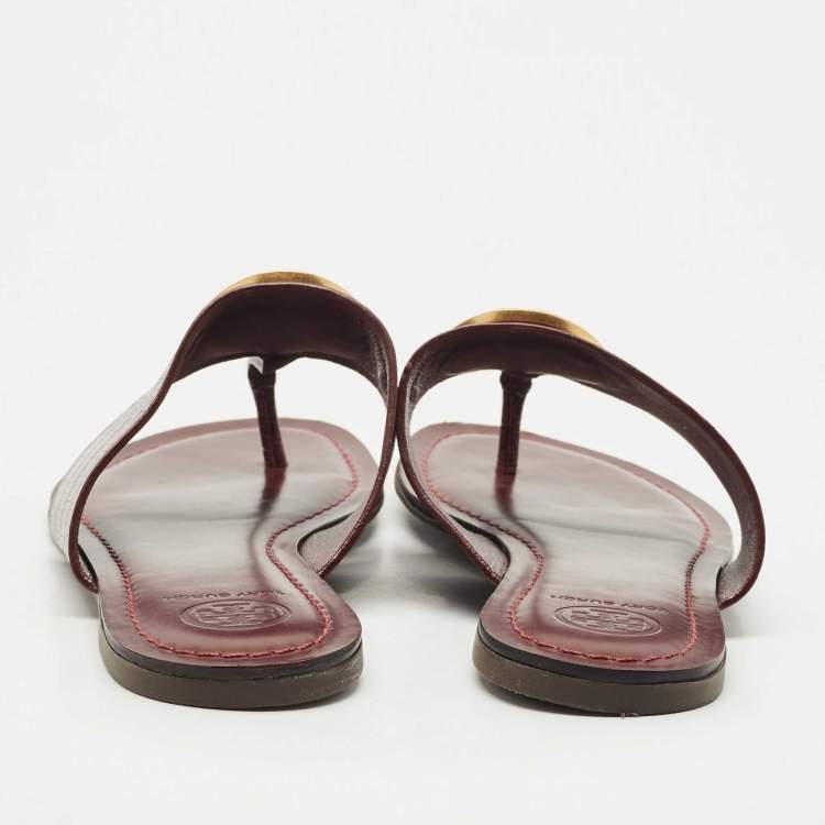 Pre Owned Tory Burch Burgundy Croc Embossed Leather Amanda Thong Sandals Size 37.5