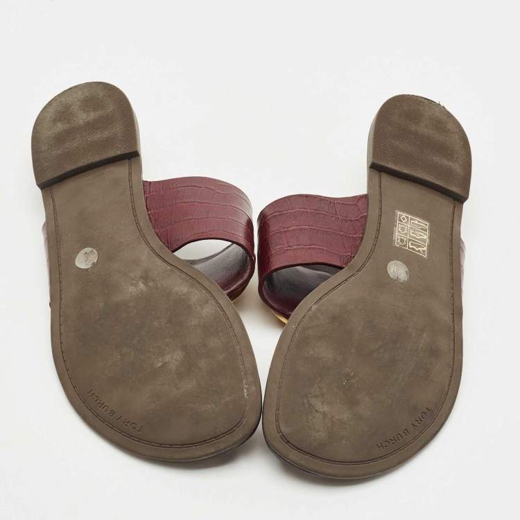 Pre Owned Tory Burch Burgundy Croc Embossed Leather Amanda Thong Sandals Size 37.5