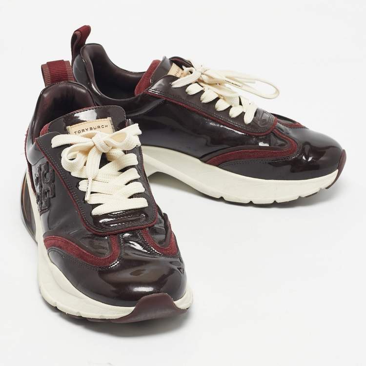 Pre Owned Tory Burch Burgundy Suede and Patent Leather Low Top Sneakers Size 39.5