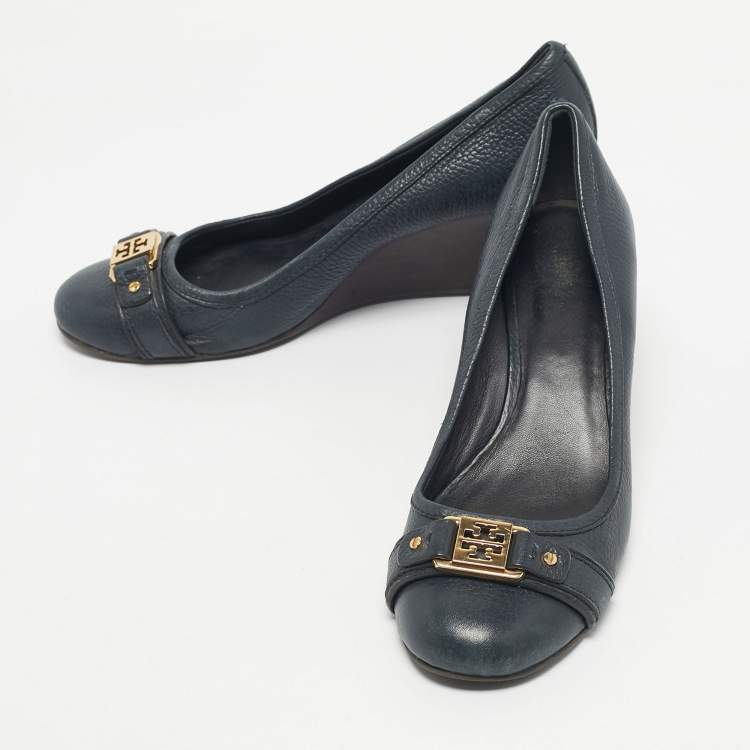 Pre Owned Tory Burch Navy Blue Leather Lowell Wedge Pumps Size 39.5
