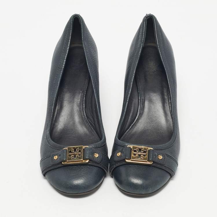 Pre Owned Tory Burch Navy Blue Leather Lowell Wedge Pumps Size 39.5