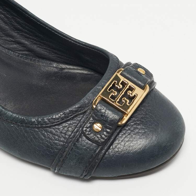 Pre Owned Tory Burch Navy Blue Leather Lowell Wedge Pumps Size 39.5