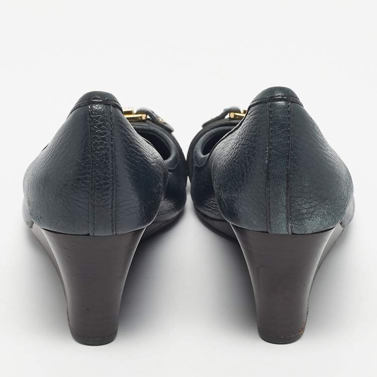 Pre Owned Tory Burch Navy Blue Leather Lowell Wedge Pumps Size 39.5