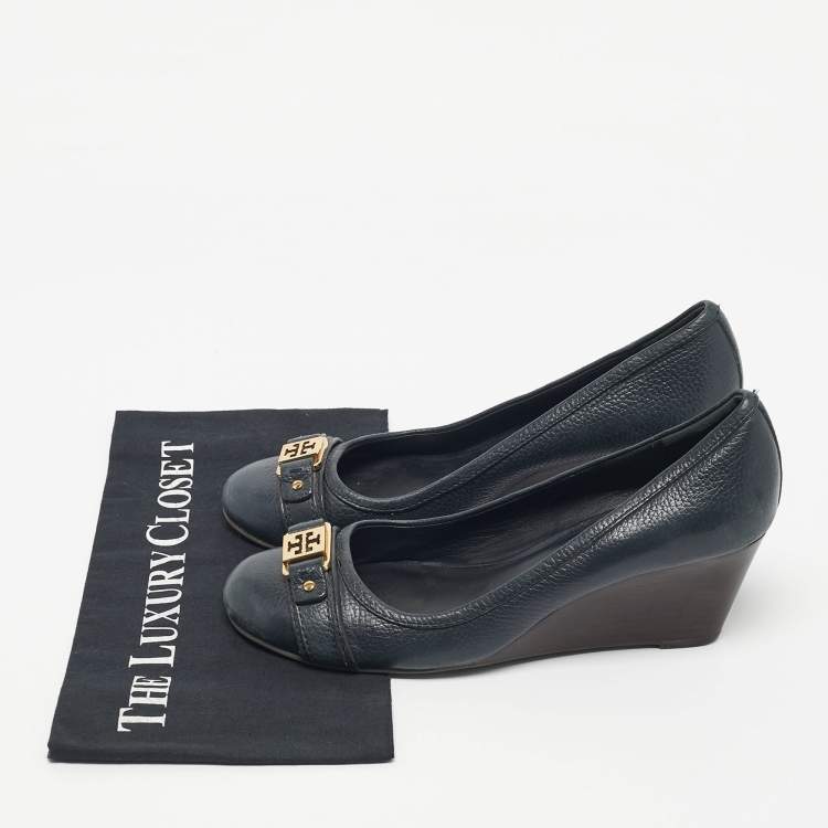 Pre Owned Tory Burch Navy Blue Leather Lowell Wedge Pumps Size 39.5