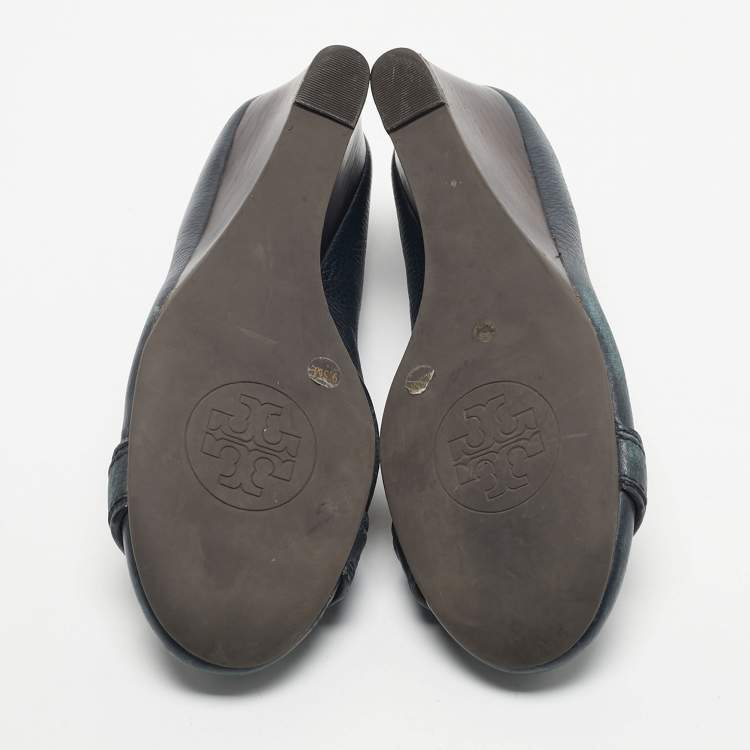 Pre Owned Tory Burch Navy Blue Leather Lowell Wedge Pumps Size 39.5