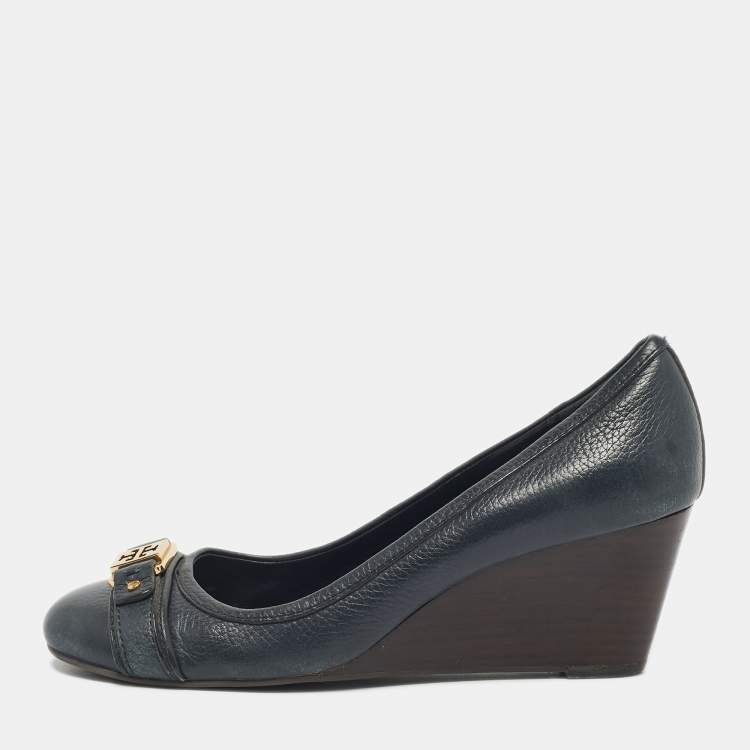 Pre Owned Tory Burch Navy Blue Leather Lowell Wedge Pumps Size 39.5