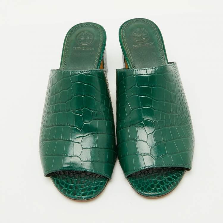 Pre Owned Tory Burch Green Croc Embossed Leather Martine Block Heel Slide Sandals Size 39