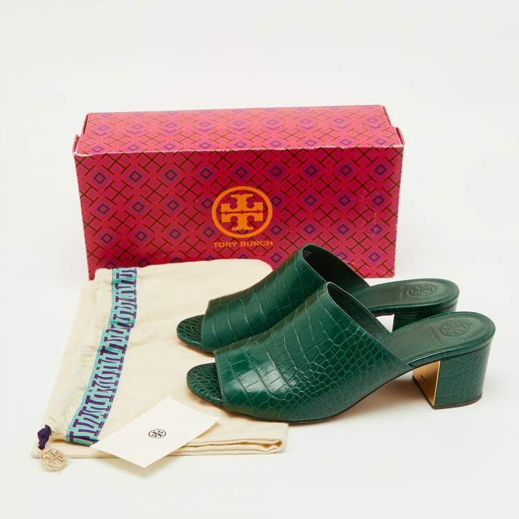 Pre Owned Tory Burch Green Croc Embossed Leather Martine Block Heel Slide Sandals Size 39